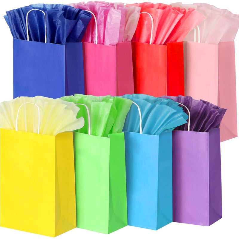 BLEWINDZ 32 Pcs Gift Bags with 32 Tissues 8 Colors Party Bags with Handles 132 Large Size Rainbow Goodie Bag for Wedding Birthday Party Supplies and Gifts